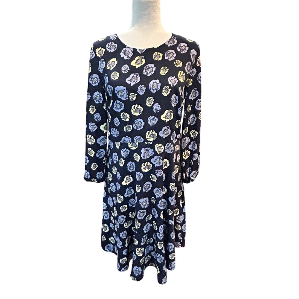 LOFT Outlet Floral Print Dress Black‎ Blue Yellow Long Sleeve Career Casual
